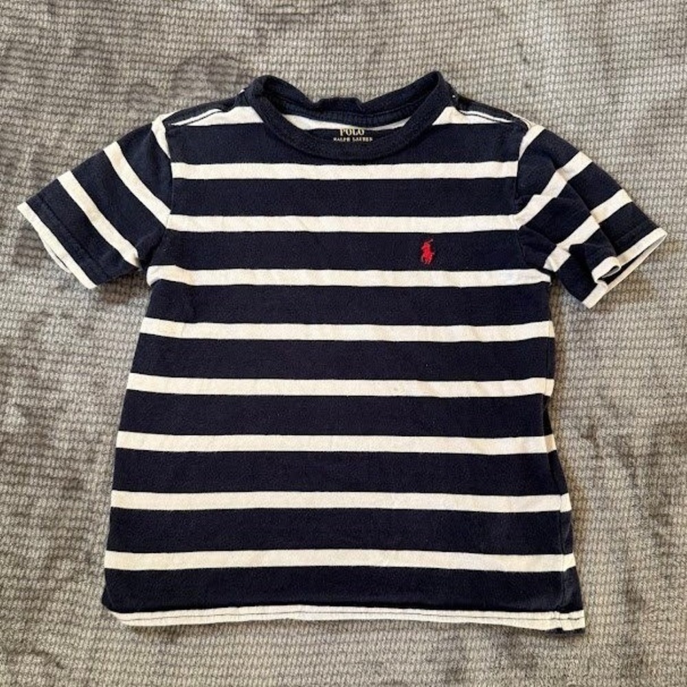 Polo Ralph Lauren Boys Navy Blue White Striped T-Shirt Size 4 Red Pony Logo